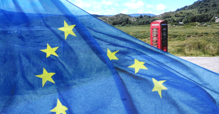 EU flag and UK phone booth