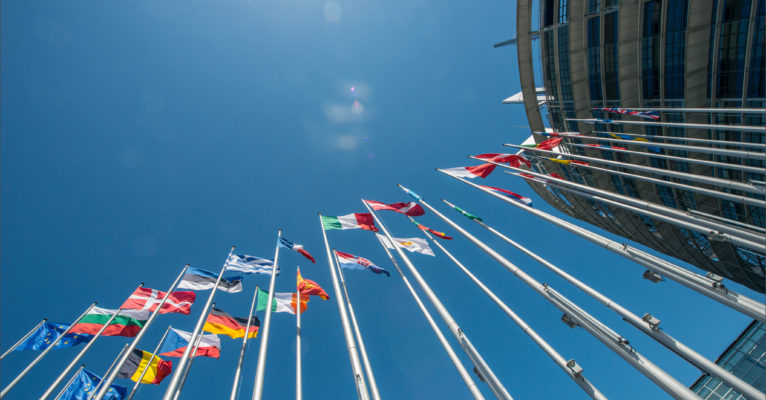 European Flags in front of the European Parliament building in Strasbourg