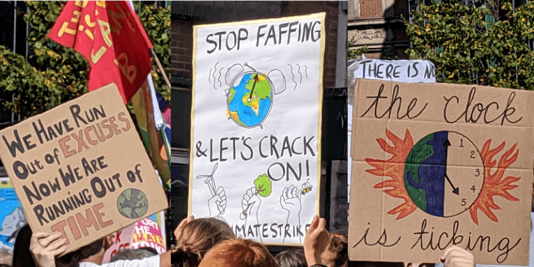 placards at Belfast 2019 Climate Strike