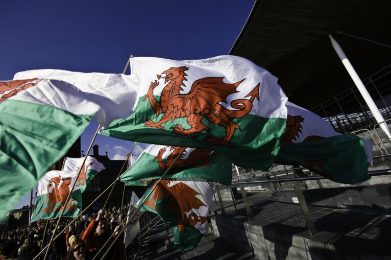 Welsh flags flown in front of the Senedd in Cardiff, in 2009